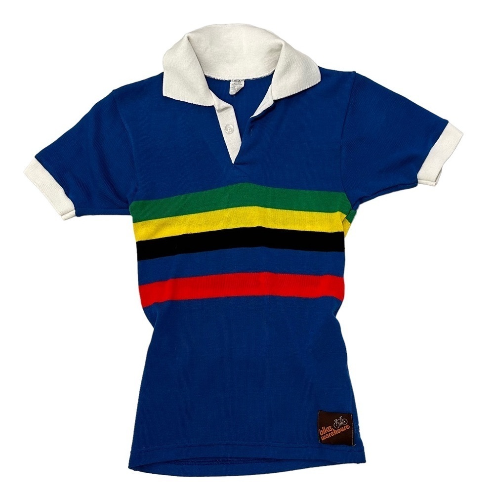 Vintage Bike Warehouse Rainbow Wool Knit Cycling Shirt Royal Blue Polo XS
